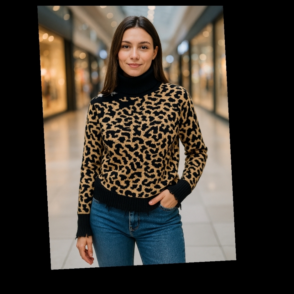 Lovers + Friends Oversized Cold Shoulder Turtleneck LEOPARD Sweater Jagged XS●